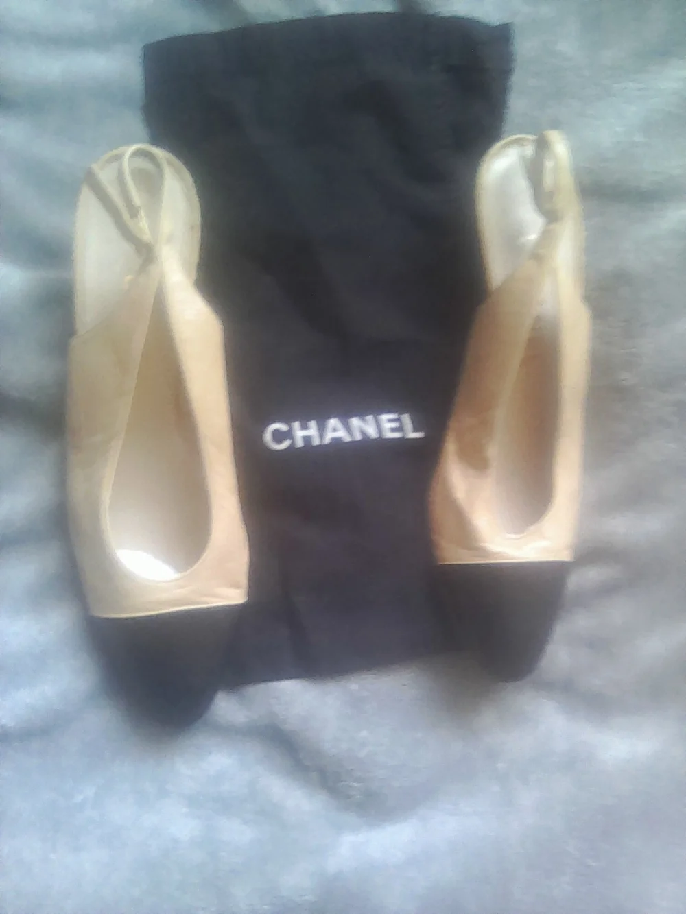 Authentic Chanel Tan & Navy Leather Slingback Heels  Best Reasonable Offers